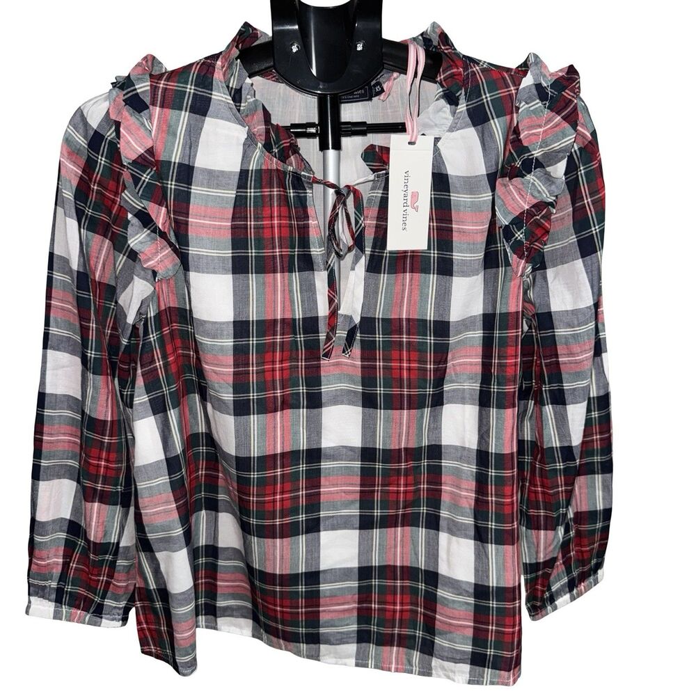 Vineyard Vines Blackwatch Ruffle Popover Woven Plaid Top Size XS NWT Red Blue - Picture 1 of 12